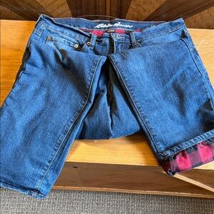 Eddie Bauer Denim Pants with buffalo Red and black Plaid lining